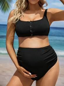 SHEIN Summer Beach Pregnant Women's Ribbed Ruched Separated Bikini Set - Black and White - View 3