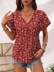 SHEIN LUNE A Must-Have Red Floral Print V-Neck Slim Fit Women's Shirt For Streets - Multicolor - View 3