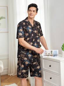 男士花卉印花重改領短袖襯衫和短褲睡衣套裝 - 黑色 - 查看 3