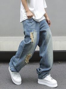 Manfinity Roghcode 男士直筒破洞休閒牛仔褲超大尺寸長款磨邊牛仔工裝褲純色深藍色派對街頭風格說唱歌手 - 淺色水洗藍 - 查看 3