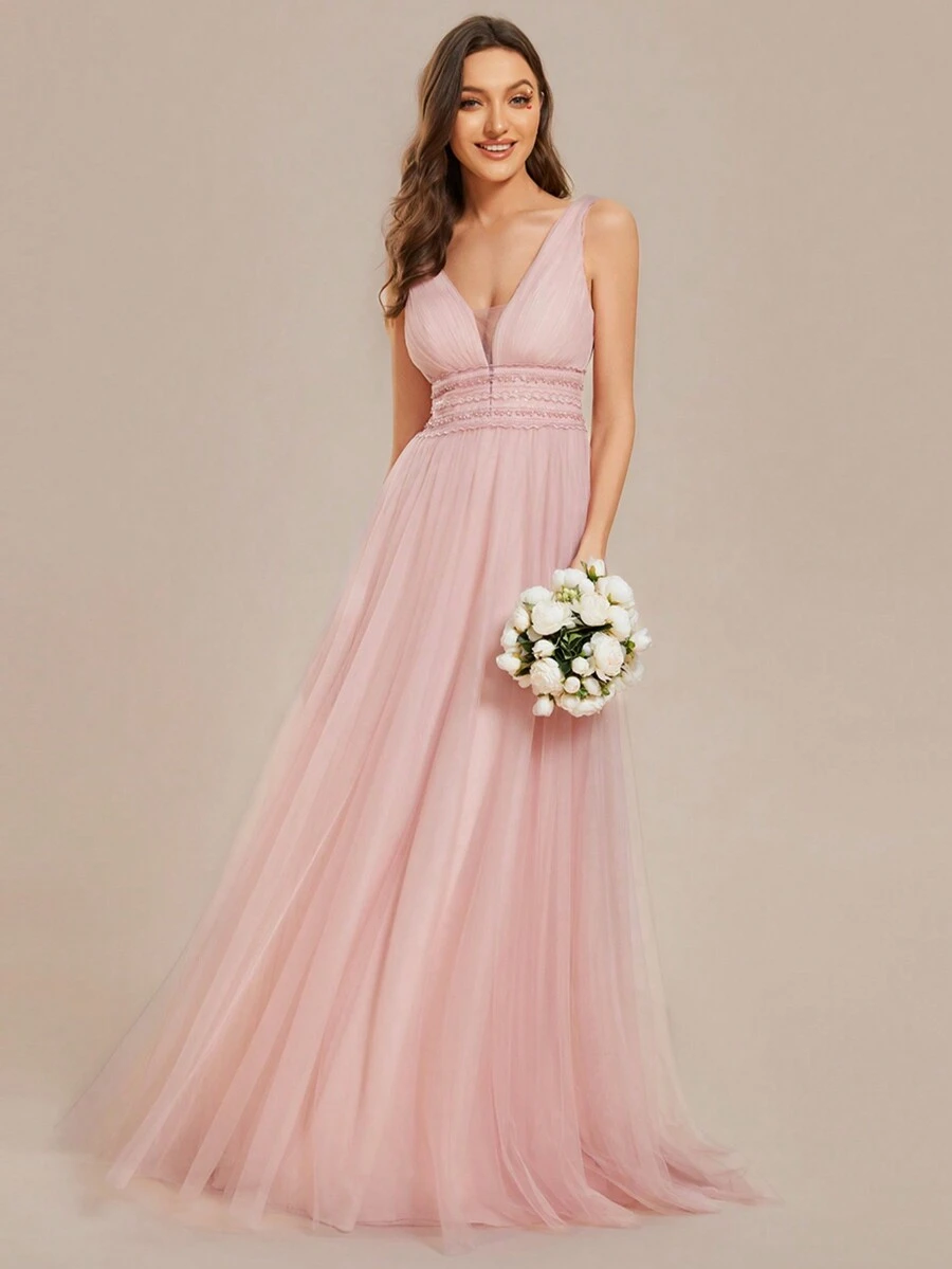 EVERPRETTY Frill Trim Maxi Mesh Wedding Dress - Pink - View 1
