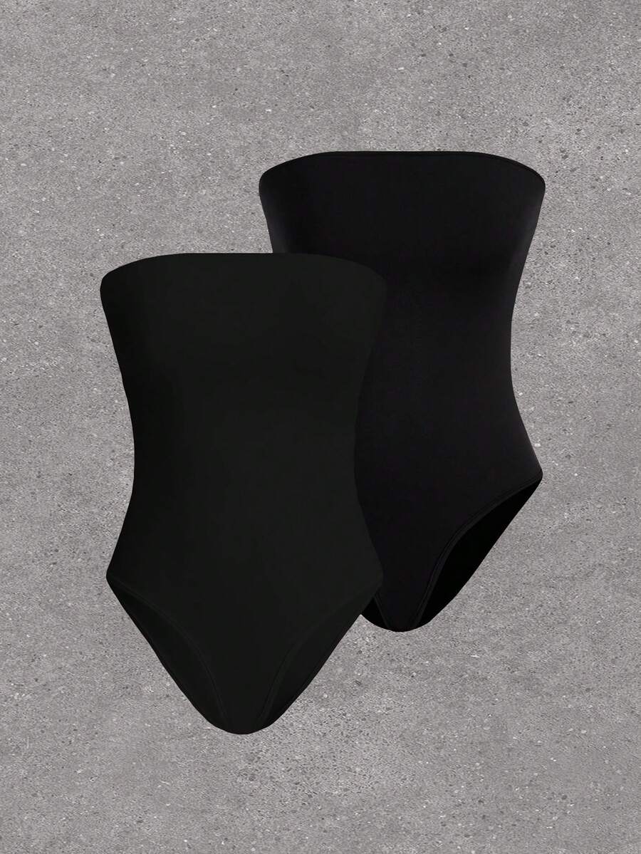 SHEIN EZwear Women's Solid Color Strapless Bodysuit - Black - View 1