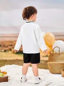 SHEIN Young Boys' Matching Colorful Edged Shirt And Shorts Set, Gentleman Style