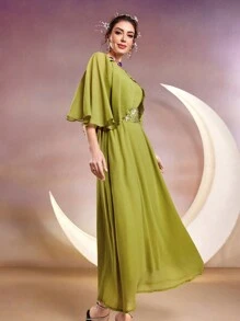 Modelyn Women's Cape Sleeve Round Neck Dress Long Evening Dresses - Mustard Yellow - View 6