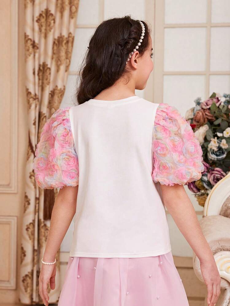 Tween Girls' Cute Floral Applique Round Neck Puff Sleeve T-Shirt