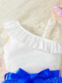 SHEIN 年轻女孩斜肩无袖上衣，荷叶边下摆和不对称网眼芭蕾裙，亮片装饰两件套 - 彩色 - 查看 4