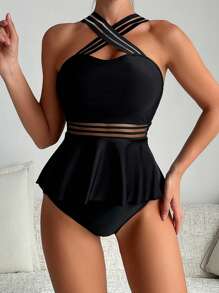 SHEIN Swim 女士性感成熟编织肩带拼接交叉前上衣和下装分体泳衣套装，适合夏季、海滩、蜜月、旅行、度假、泳池