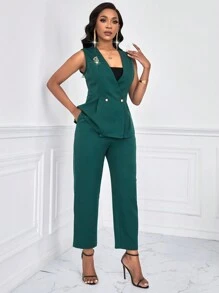 SHEIN Clasi 女性無袖雙排扣西裝套裝 - 酒紅色 - 查看 5