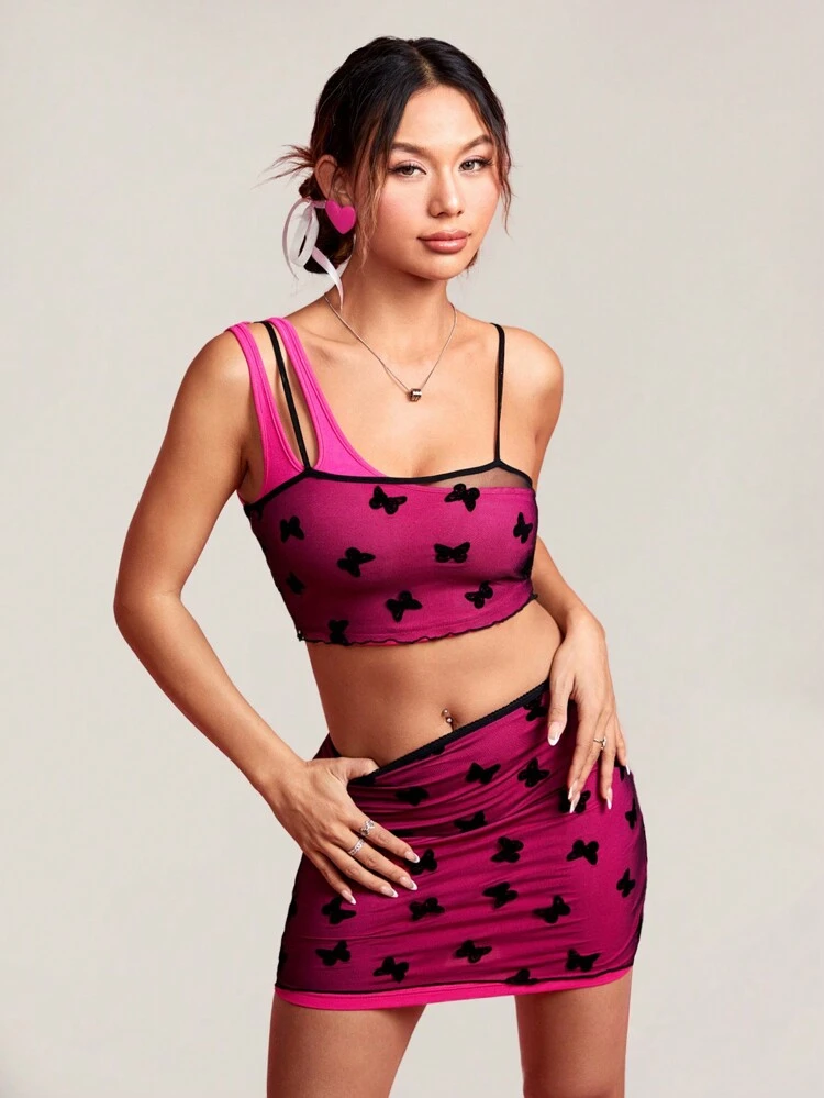 2pcs/Set Lettuce Edge Butterfly Embroidery Mesh Overlay Outfit