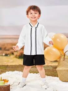 SHEIN Young Boys' Matching Colorful Edged Shirt And Shorts Set, Gentleman Style