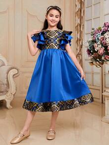 SHEIN Tween女孩可愛的圓領短袖拼接布料中長裙 - 藍色 - 查看 5