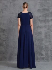 圆领撞色蕾丝短袖新娘妈妈礼服 - 藏蓝色 - 查看 2