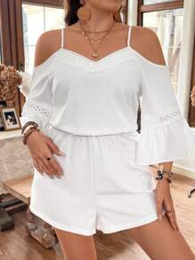 SHEIN Holidaya Plus Size Women's Lace Patchwork Off-Shoulder Romper