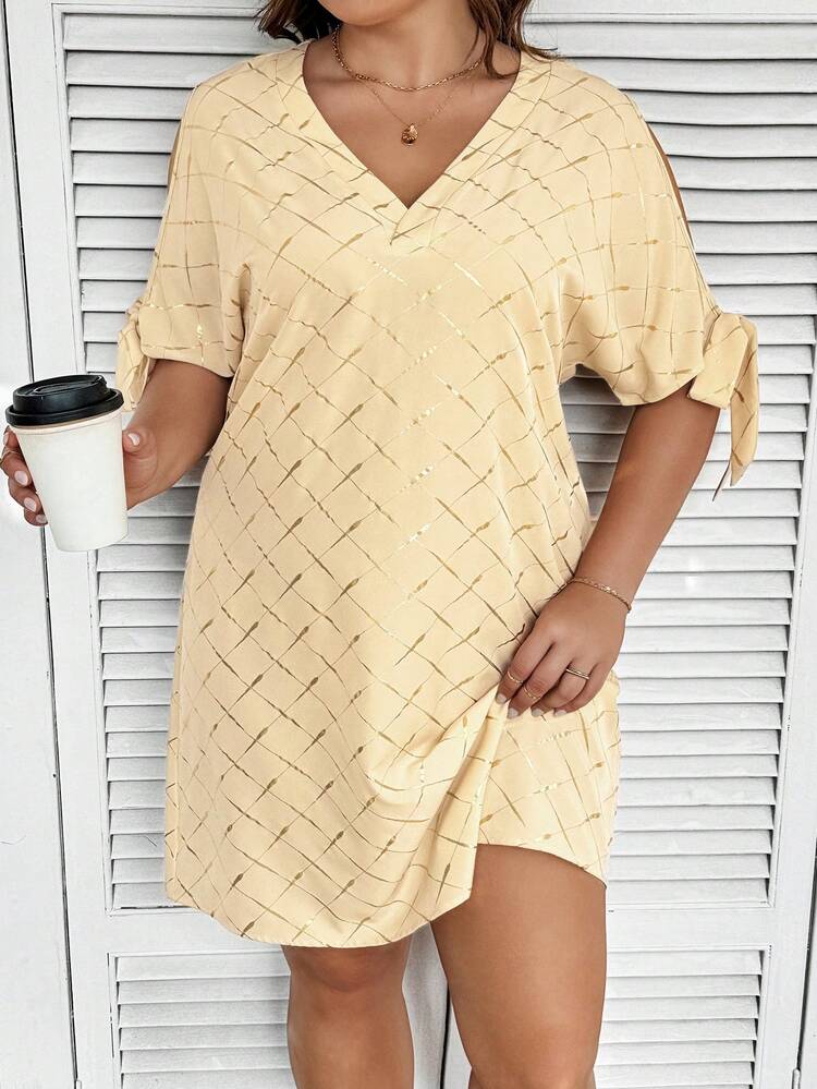 Plus Size Off Shoulder Sleeve Bowknot & Metallic Textured Mini Dress, Perfect For Casual, Wedding Guest, Bridesmaid, Holiday Party, Or Brazilian Carnival