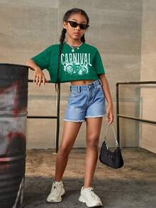 SHEIN Cô gái Tween Dệt kim Hoa Quần skinny Giải trí Ngắn tay Áo thun - màu xanh lá - Xem 2