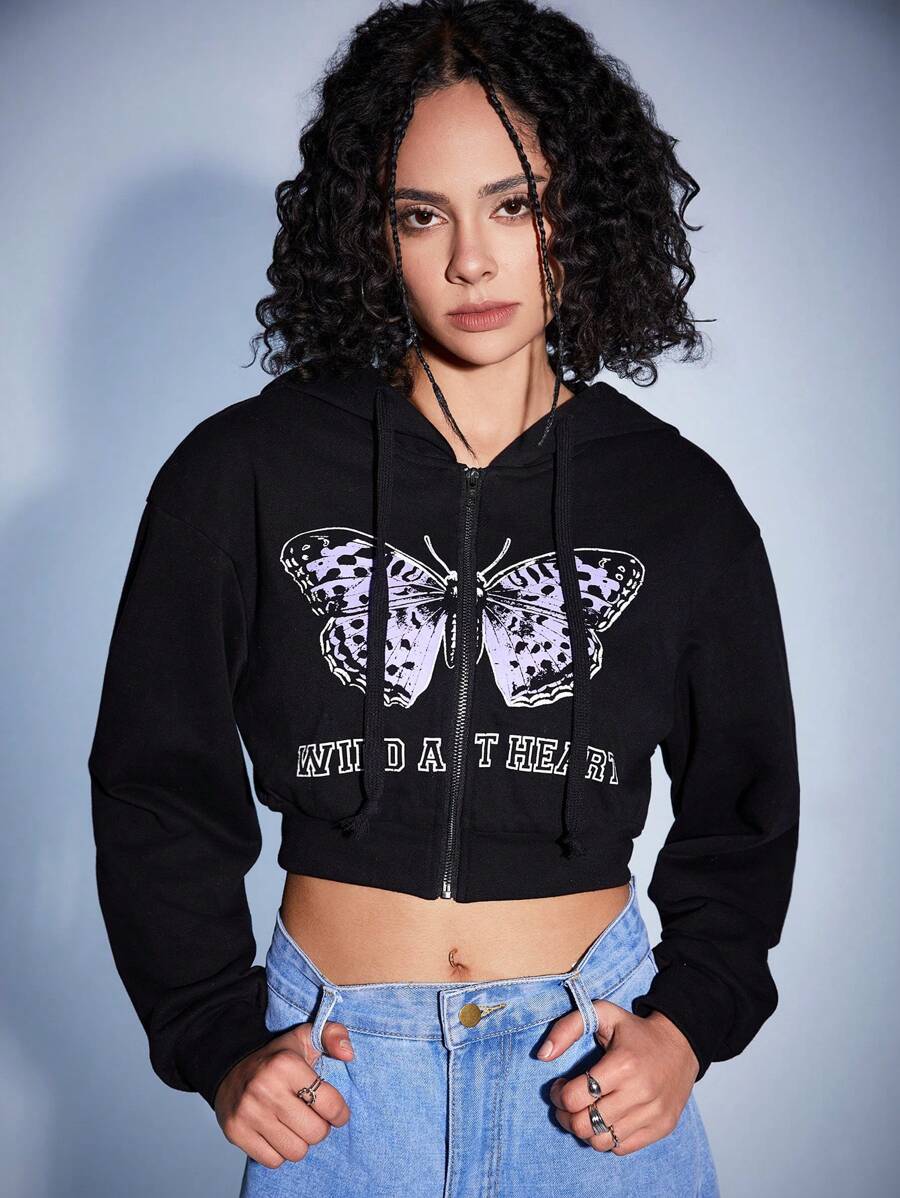Forever 21 Của phụ nữ Người Mỹ Retro áo có mũ In bướm Tay áo dài Dây kéo Ngắn Áo nỉ - màu đen - Xem 1