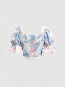 SHEIN MOD Women's Tie Dye Puff Sleeve Handkerchief Hem Shirt