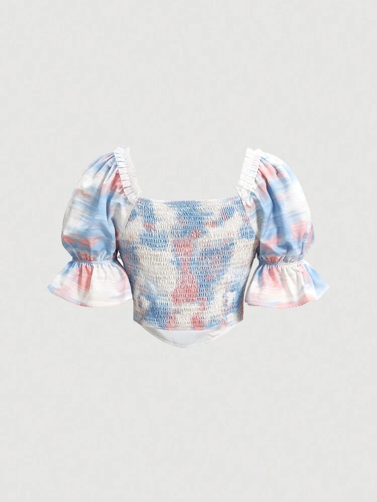 Women's Tie Dye Puff Sleeve Handkerchief Hem Shirt