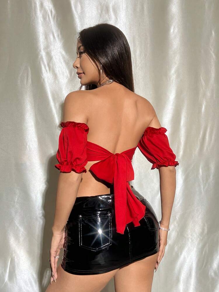 Women's Off-Shoulder Puff Sleeve Cropped Top