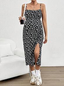 SHEIN Maternity Young Women's Casual Floral Print Split Hem Cami Dress