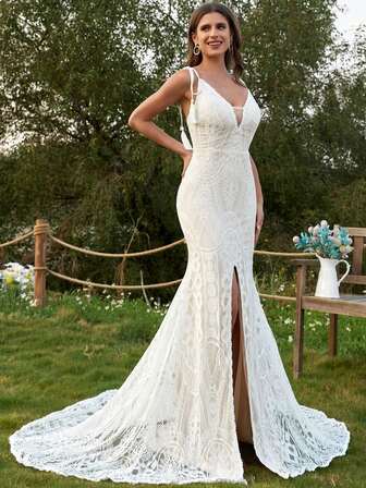 Elegant Romantic Long Lace Semi-Sheer Mermaid Wedding Dress With Spaghetti Straps Backless Design And Contrast Mesh Details