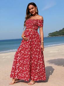 SHEIN Maternity Flower Print Off-Shoulder Shirred Top With Ruched Hem And A-Line Skirt Set - Red - View 4