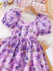 SHEIN Young Girls' Summer Flower Print Dress, Purple Floral Princess Dress With Puff Sleeves - Purple - View 3