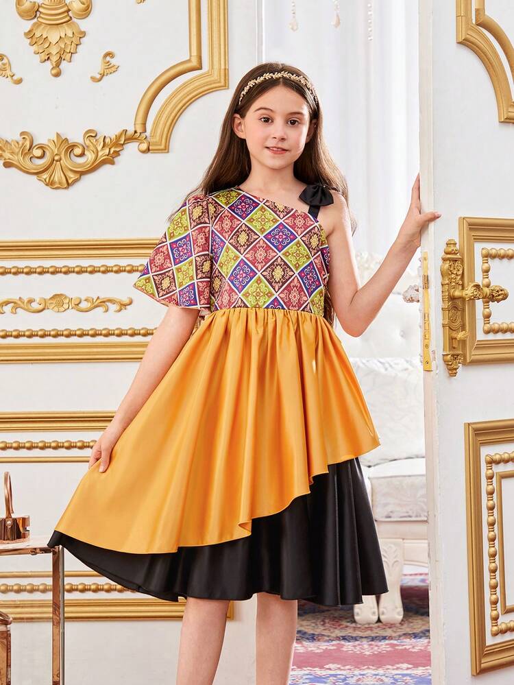 Tween Girls' Gorgeous Asymmetrical Shoulder Patchwork Dress With Contrasting Fabrics, Medium Length