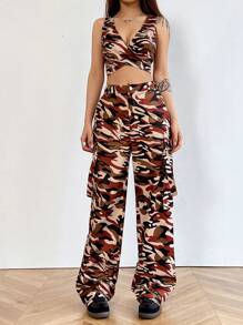 SHEIN Unity 女士迷彩印花交叉包裹無袖上衣和多功能褲子套裝 - 彩色 - 查看 1