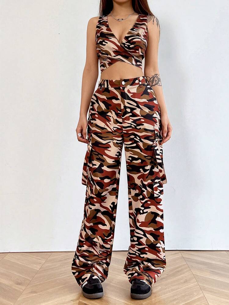 Ladies' Camouflage Printed Cross Wrap Sleeveless Top And Utility Pants Set