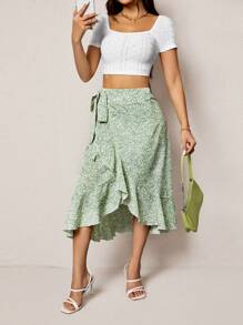 SHEIN PETITE 女士 Schiffy 短款上衣和不对称下摆半身裙两件套 - 綠色 - 查看 5