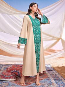 Al Najma Arabian Style Printed Bell Sleeve Loose Jalabiya Eid Dress, Modest - Apricot - View 3