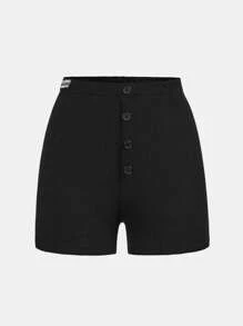 少女休閒運動純色麻花短袖t恤和短褲套裝,帶補丁細節