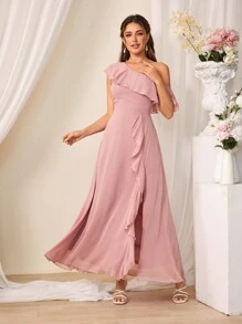 SHEIN Belle Women's One Shoulder Long Dress With Ruffled Hem And Side Slit, Suitable For Bridesmaid Dress