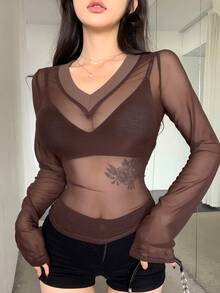 DAZY Của phụ nữ Đan Vá lại Lưới trong suốt Áo - Cà phê nâu - Xem 8