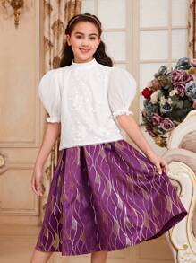 SHEIN Tween 女童修身可爱立领泡泡袖衬衫和提花裙两件套 - 彩色 - 查看 4