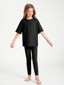 SHEIN Tween Girl Cotton Drop Shoulder Top & Leggings Set - Black - View 3