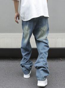 Manfinity Roghcode 男士直筒破洞休閒牛仔褲超大尺寸長款磨邊牛仔工裝褲純色深藍色派對街頭風格說唱歌手 - 淺色水洗藍 - 查看 2