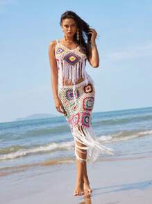 Swim Vcay Couvre-maillot de bain côtelé à motif géométrique coloré avec franges, pour les vacances d'été à la plage
