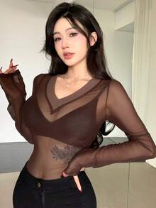 DAZY Của phụ nữ Đan Vá lại Lưới trong suốt Áo - Cà phê nâu - Xem 7
