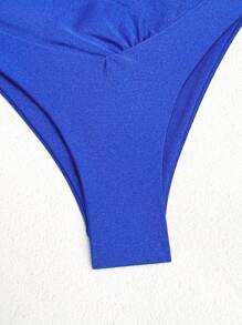 SHEIN Swim 女士褶饰挂脖系带比基尼套装 夏季海滩 - 寶藍色 - 查看 6
