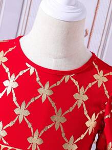 SHEIN 女童短袖泡泡袖金色花卉圖案洋裝 - 紅色 - 查看 4