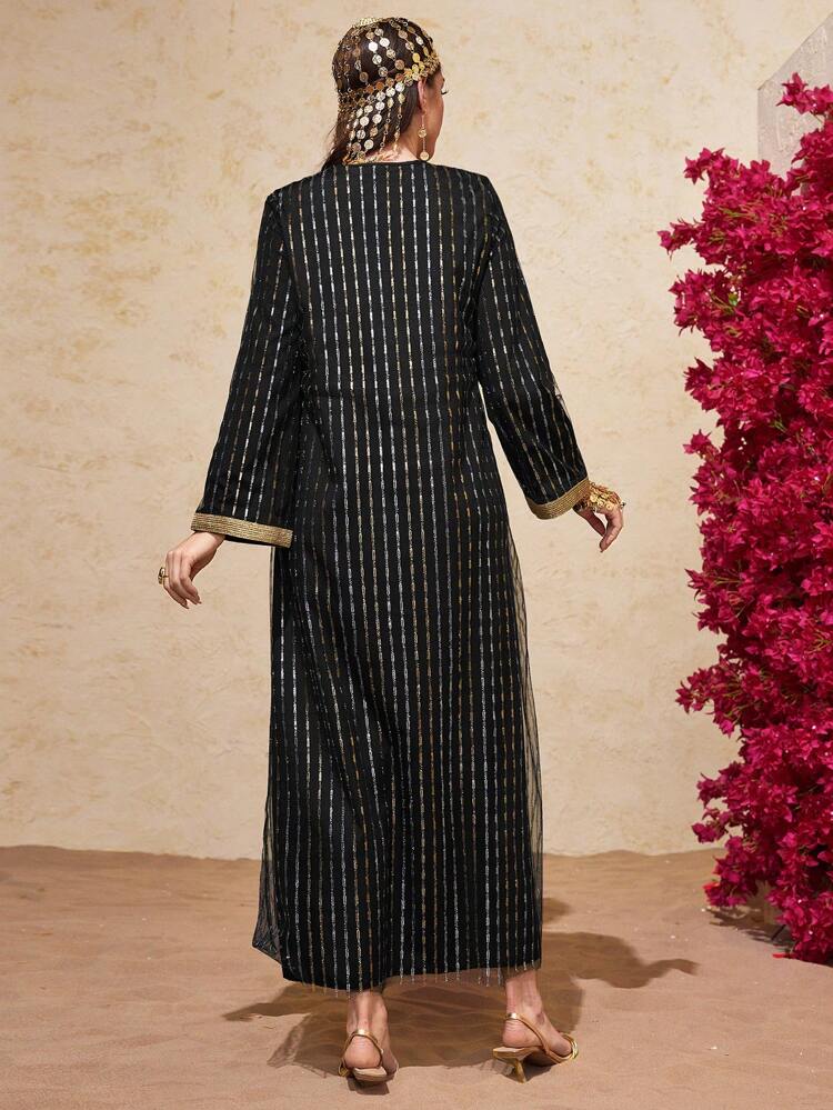 Women's Turkish Traditional Jalabiya With Gold & Silver Thread Woven Stripes, Elegant Luxury Evening Party Style