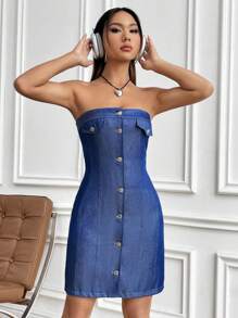 SHEIN Unity Women's Strapless Dress With Single Breasted Closure - Blue - View 4