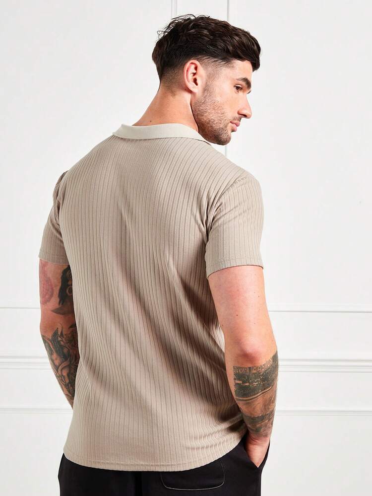 Men's Casual Slim Fit Khaki Lapel Knit Short Sleeve Polo