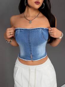 SHEIN ICON Frayed Denim Strapless Top - Medium Wash - View 1