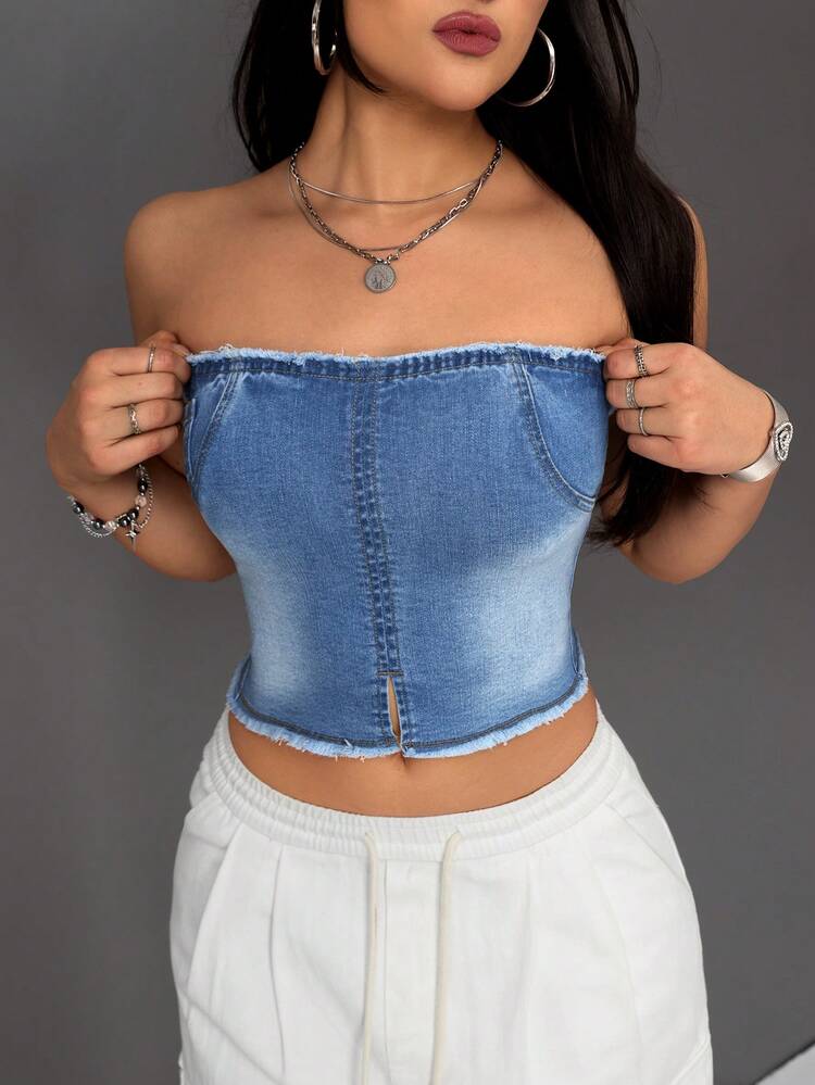 Frayed Denim Strapless Top