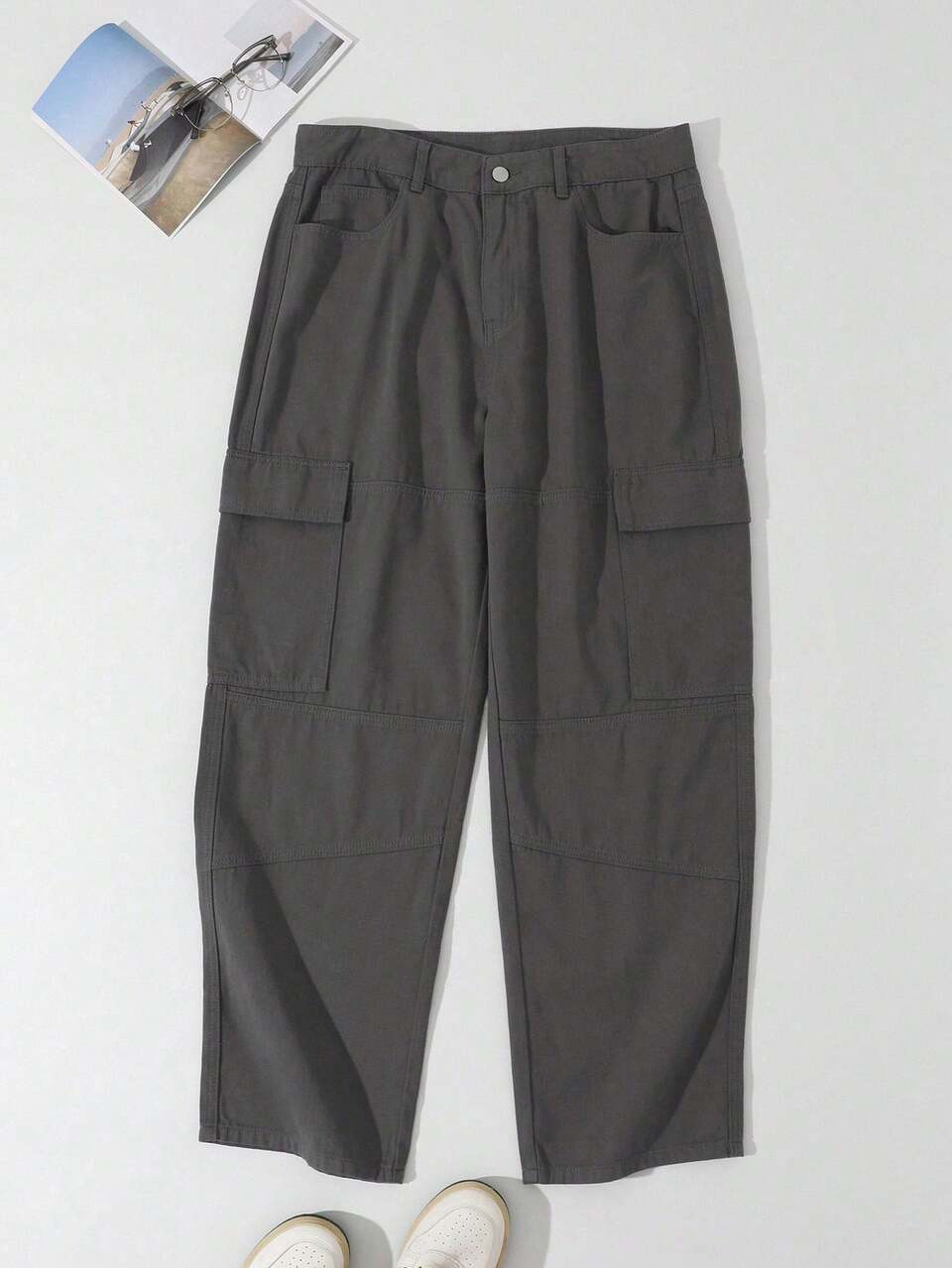 Men's Straight Loose Casual Cargo Pants, Grey, Autumn, For Fall Men Joggers