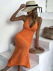 Women Hollow Out Neck Cover Up Dress (Random Floral Pattern) Summer - Burnt Orange - View 4