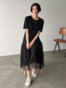 FRIFUL Ladies' Black Meshed Splicing Mesh Dress - Black - View 6